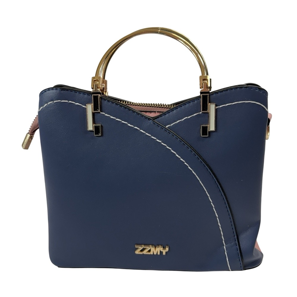 ZZMY Two-Tone Satchel Handbag Blue Pink‎ Gold Metal Handles Structured NWOT
